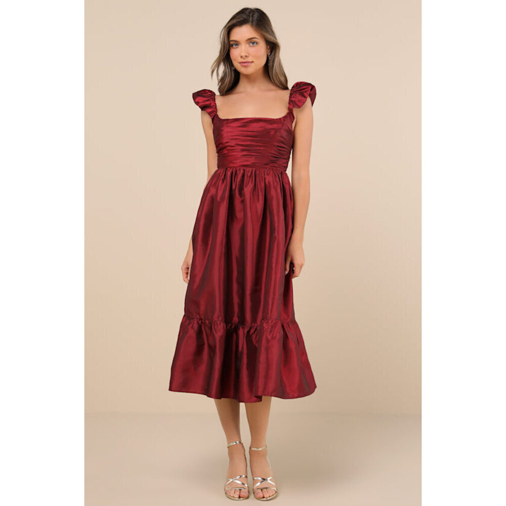 Lulus Poised Passion Wine Red Taffeta Pleated Ruffled Midi Dress - Size S